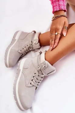 Damskie Boto Skórzane Botki Na Platformie Szare Ressa