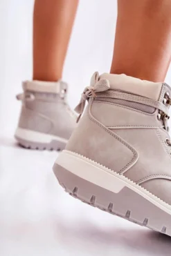 Damskie Boto Skórzane Botki Na Platformie Szare Ressa