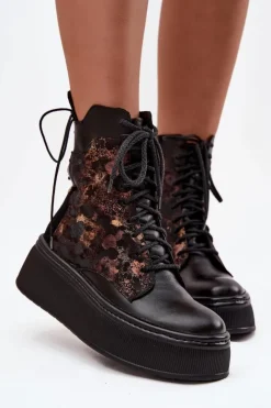 Damskie Maciejka Skórzane Botki Na Platformie 07086-01 Czarne