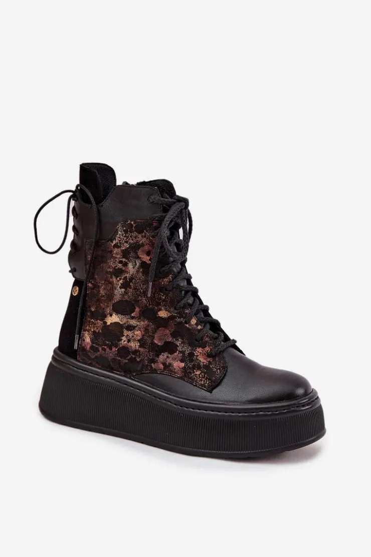 Damskie Maciejka Skórzane Botki Na Platformie 07086-01 Czarne