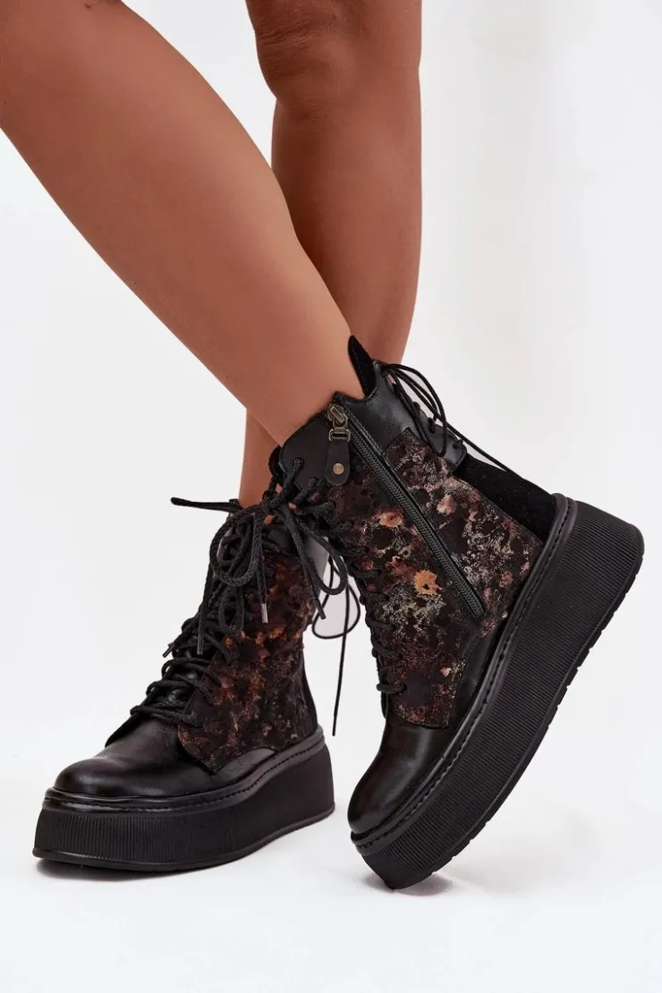 Damskie Maciejka Skórzane Botki Na Platformie 07086-01 Czarne