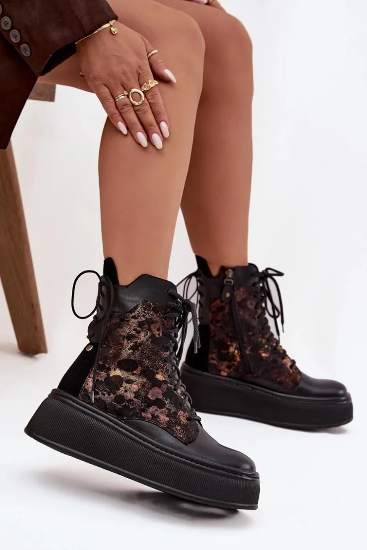 Damskie Maciejka Skórzane Botki Na Platformie 07086-01 Czarne