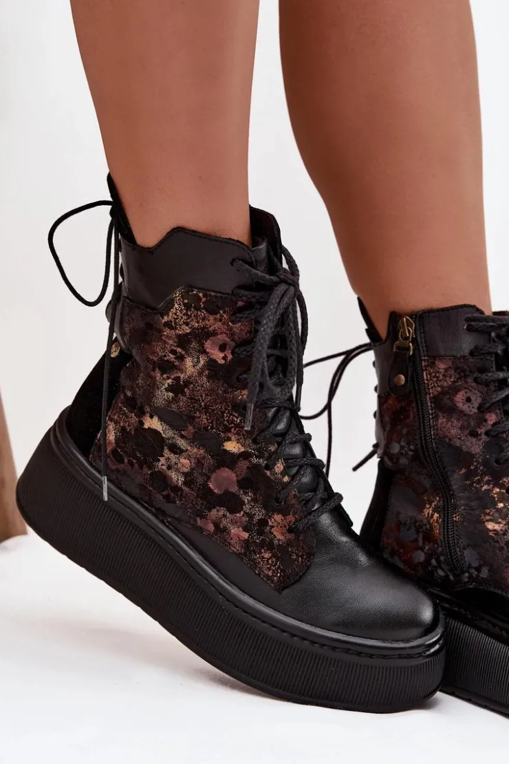 Damskie Maciejka Skórzane Botki Na Platformie 07086-01 Czarne