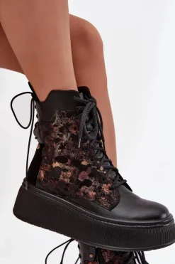 Damskie Maciejka Skórzane Botki Na Platformie 07086-01 Czarne