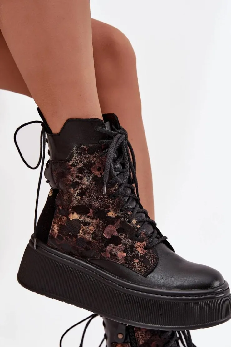 Damskie Maciejka Skórzane Botki Na Platformie 07086-01 Czarne