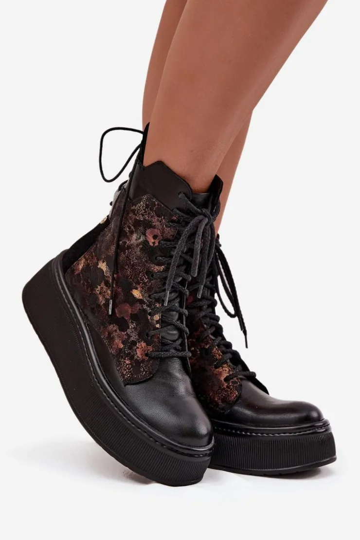 Damskie Maciejka Skórzane Botki Na Platformie 07086-01 Czarne