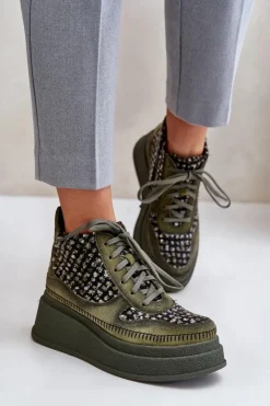 New Maciejka Skórzane Botki Na Platformie I Koturnie 06759-09 Zielone