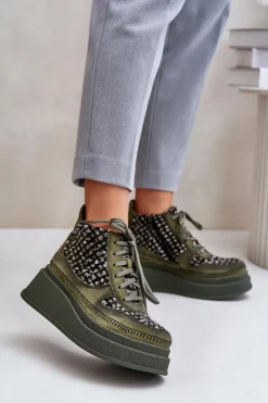 New Maciejka Skórzane Botki Na Platformie I Koturnie 06759-09 Zielone