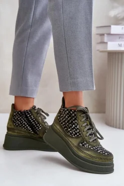 New Maciejka Skórzane Botki Na Platformie I Koturnie 06759-09 Zielone