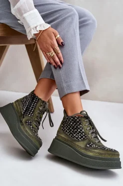 New Maciejka Skórzane Botki Na Platformie I Koturnie 06759-09 Zielone