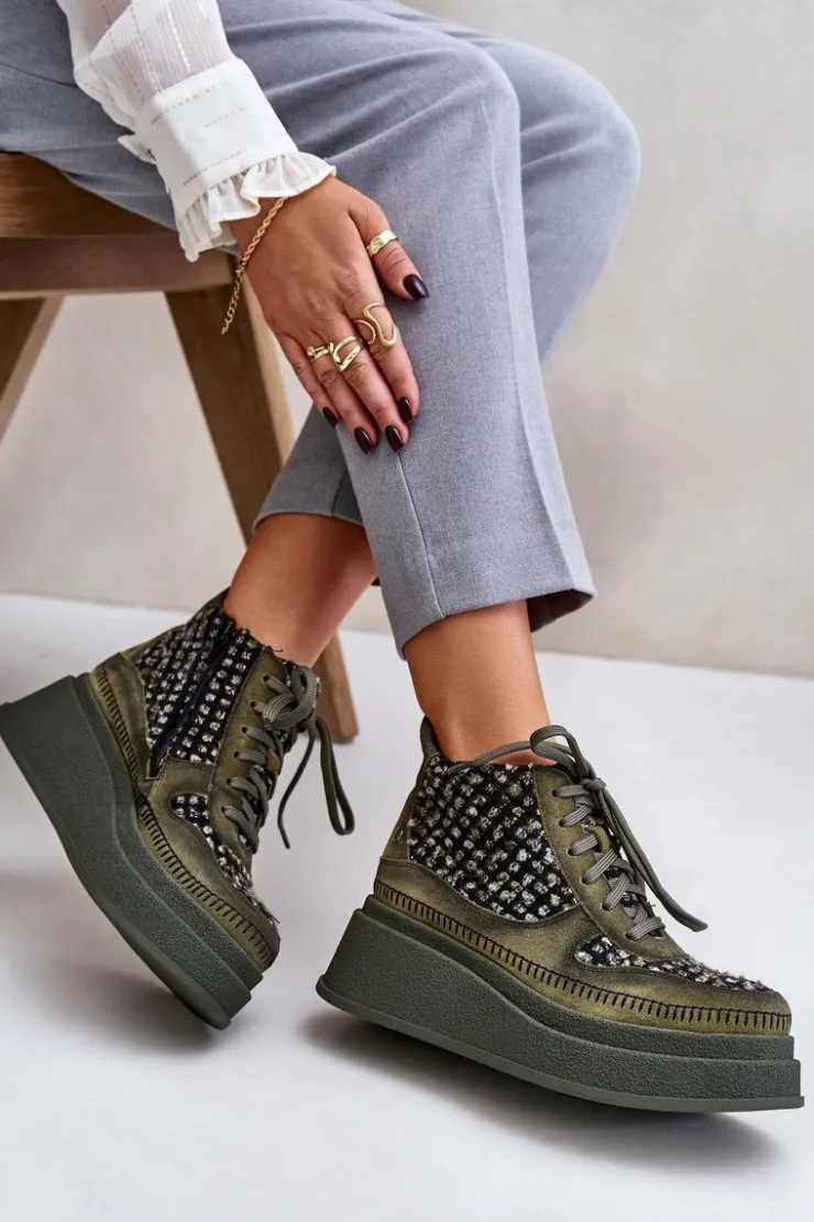 New Maciejka Skórzane Botki Na Platformie I Koturnie 06759-09 Zielone