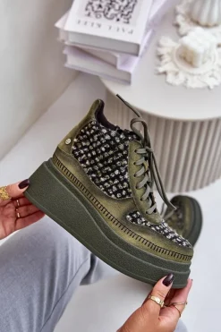 New Maciejka Skórzane Botki Na Platformie I Koturnie 06759-09 Zielone