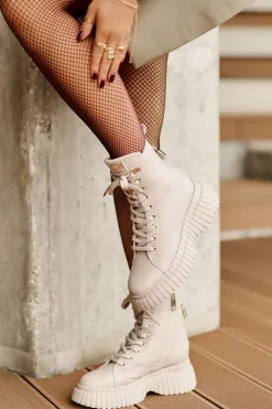 New CheBello Skórzane Botki Na Platformie Na Zamek Z Ozdobną Kłódką 4517 Beżowe