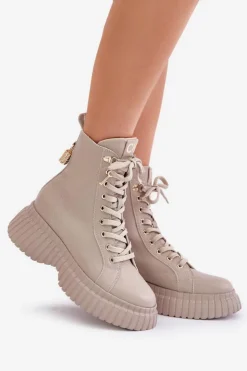 New CheBello Skórzane Botki Na Platformie Na Zamek Z Ozdobną Kłódką 4517 Beżowe