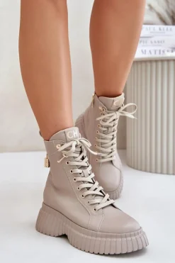 New CheBello Skórzane Botki Na Platformie Na Zamek Z Ozdobną Kłódką 4517 Beżowe