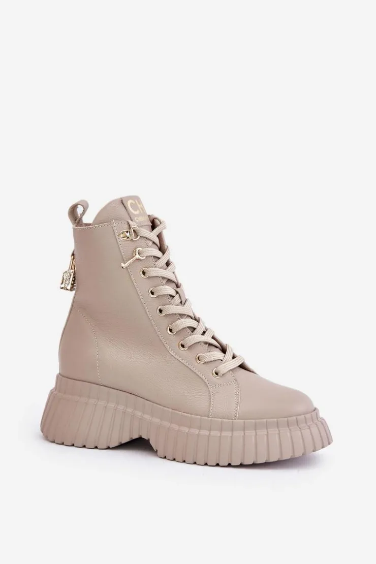 New CheBello Skórzane Botki Na Platformie Na Zamek Z Ozdobną Kłódką 4517 Beżowe
