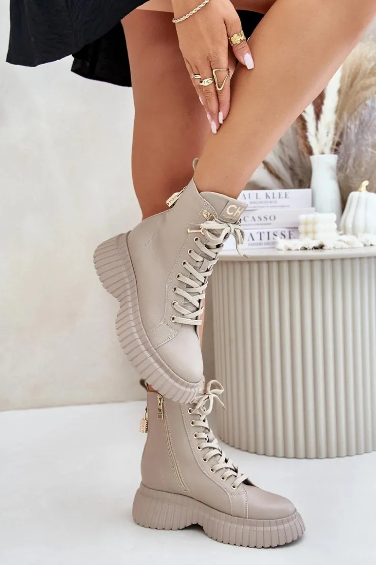 New CheBello Skórzane Botki Na Platformie Na Zamek Z Ozdobną Kłódką 4517 Beżowe