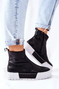 Maciejka Botki Maciejka|Czarne Botki*Skórzane Botki Na Platformie Czarne 05216-01