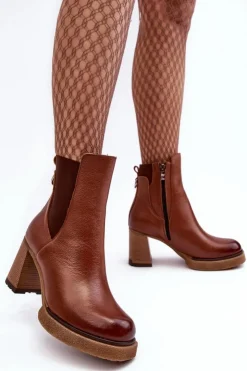 Boto Botki Skórzane|Botki Zimowe Damskie*Skórzane Botki Na Słupku Brązowe Lemar Liresa