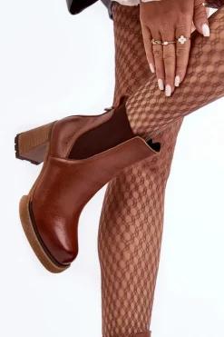 Boto Botki Skórzane|Botki Zimowe Damskie*Skórzane Botki Na Słupku Brązowe Lemar Liresa