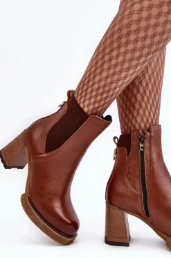 Boto Botki Skórzane|Botki Zimowe Damskie*Skórzane Botki Na Słupku Brązowe Lemar Liresa