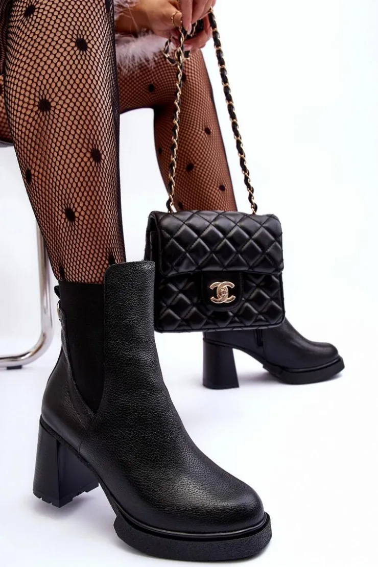 Damskie Boto Skórzane Botki Na Słupku Czarne Lemar Liresa