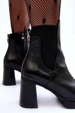 Damskie Boto Skórzane Botki Na Słupku Czarne Lemar Liresa