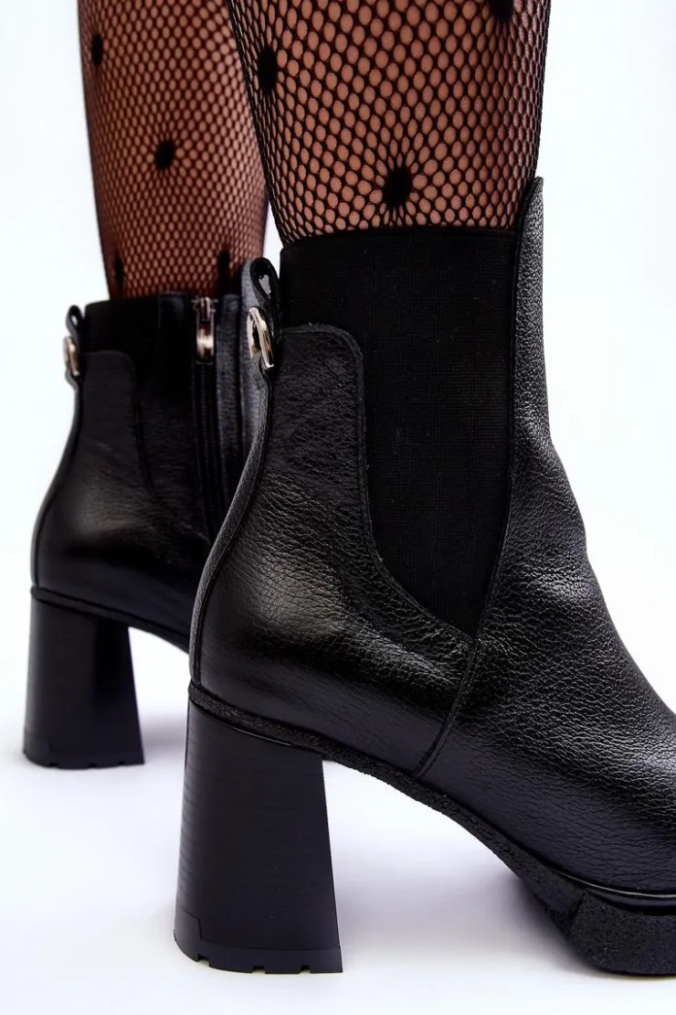 Damskie Boto Skórzane Botki Na Słupku Czarne Lemar Liresa