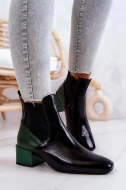 Damskie Boto Skórzane Botki Na Słupku Czarno-Zielone Kailey