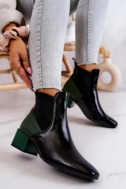 Damskie Boto Skórzane Botki Na Słupku Czarno-Zielone Kailey