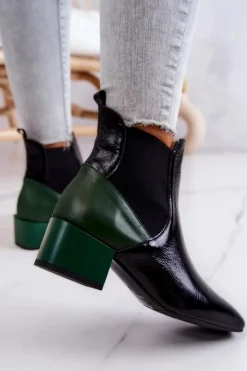 Damskie Boto Skórzane Botki Na Słupku Czarno-Zielone Kailey