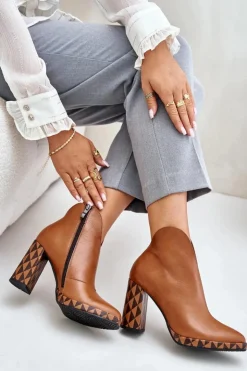 Hot Laura Messi Skórzane Botki Na Słupku 2836 Brązowe