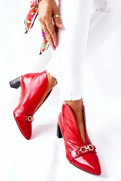 Damskie Maciejka Skórzane Botki Na Słupku Czerwone 05262-08