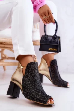 Maciejka Botki Wiosenne|Botki Maciejka*Skórzane Botki Na Słupku 05507-01 Czarno-Złote
