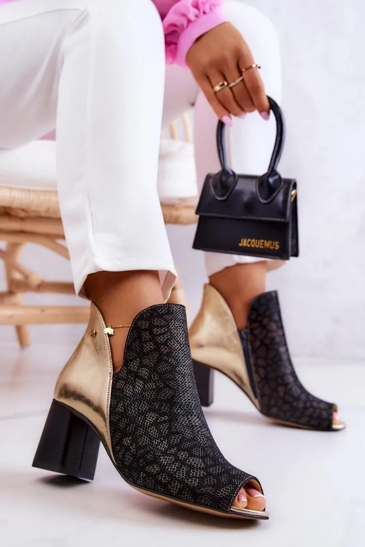 Maciejka Botki Wiosenne|Botki Maciejka*Skórzane Botki Na Słupku 05507-01 Czarno-Złote