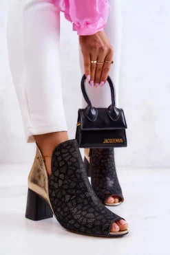 Maciejka Botki Wiosenne|Botki Maciejka*Skórzane Botki Na Słupku 05507-01 Czarno-Złote