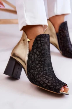 Maciejka Botki Wiosenne|Botki Maciejka*Skórzane Botki Na Słupku 05507-01 Czarno-Złote