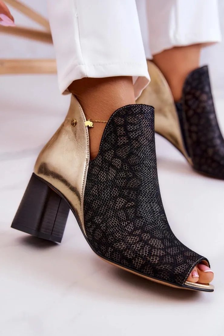 Maciejka Botki Wiosenne|Botki Maciejka*Skórzane Botki Na Słupku 05507-01 Czarno-Złote
