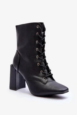Clearance Boto Skórzane Botki Na Słupku Sznurowane Czarne Divani