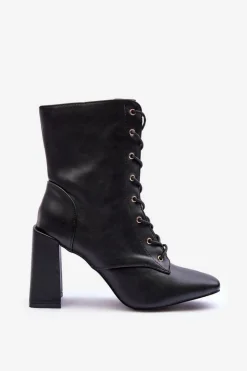 Clearance Boto Skórzane Botki Na Słupku Sznurowane Czarne Divani