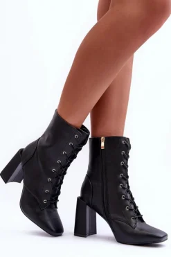 Clearance Boto Skórzane Botki Na Słupku Sznurowane Czarne Divani