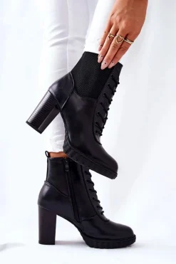 Damskie Boto Skórzane Botki Na Słupku Wysokie Czarne Joyte