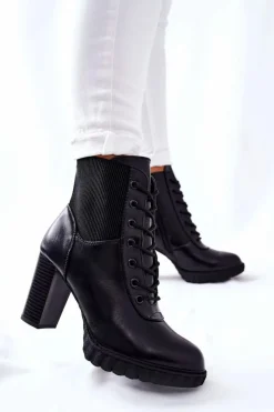 Damskie Boto Skórzane Botki Na Słupku Wysokie Czarne Joyte