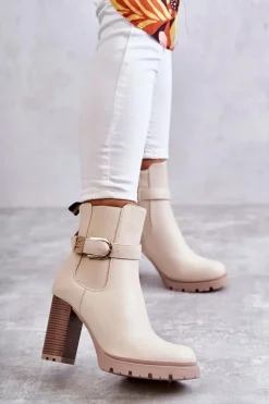 Damskie Boto Skórzane Botki Na Słupku Z Ozdobnym Paskiem Beżowe Maresol