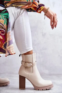 Damskie Boto Skórzane Botki Na Słupku Z Ozdobnym Paskiem Beżowe Maresol