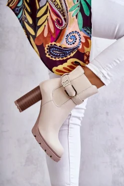 Damskie Boto Skórzane Botki Na Słupku Z Ozdobnym Paskiem Beżowe Maresol