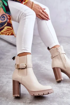 Damskie Boto Skórzane Botki Na Słupku Z Ozdobnym Paskiem Beżowe Maresol