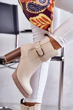 Damskie Boto Skórzane Botki Na Słupku Z Ozdobnym Paskiem Beżowe Maresol