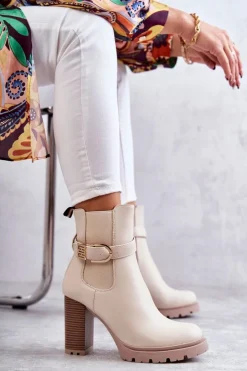 Damskie Boto Skórzane Botki Na Słupku Z Ozdobnym Paskiem Beżowe Maresol