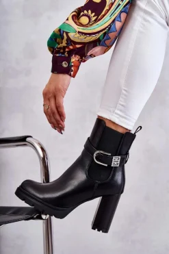 Damskie Boto Skórzane Botki Na Słupku Z Ozdobnym Paskiem Czarne Maresol